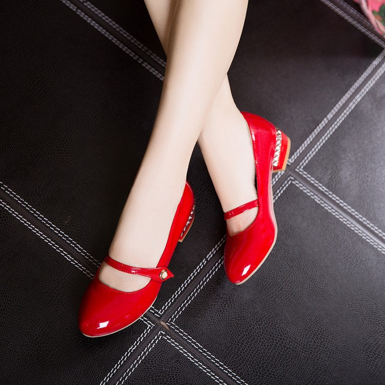 Women Patent Leather Mary Jane Block Heels Pumps