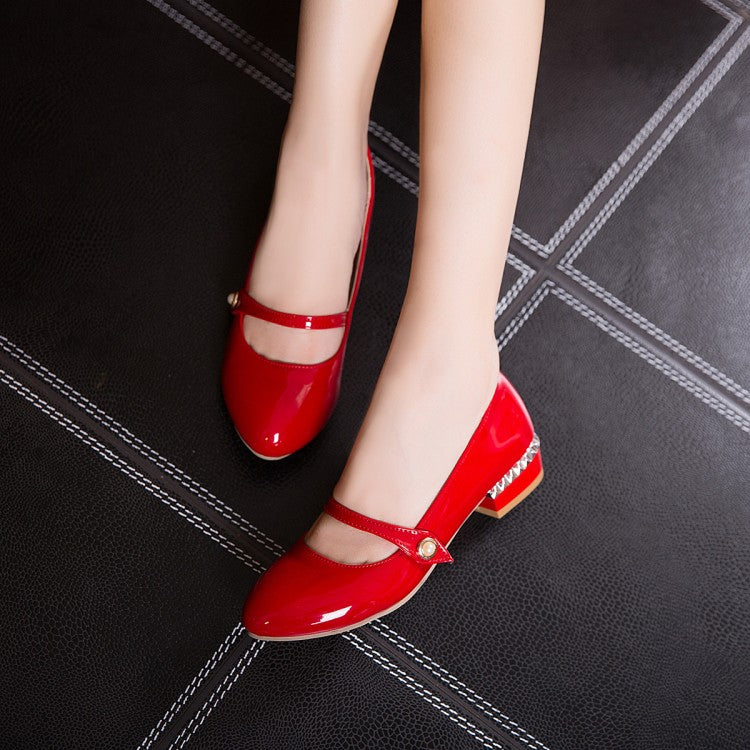 Women Patent Leather Mary Jane Block Heels Pumps