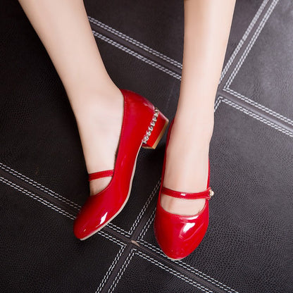 Women Patent Leather Mary Jane Block Heels Pumps