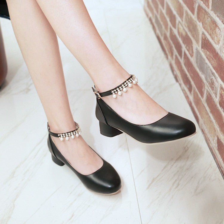 Women Ankle Strap Pearl Chunky Heels Pumps Shoes