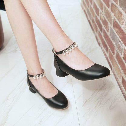 Women Ankle Strap Pearl Chunky Heels Pumps Shoes