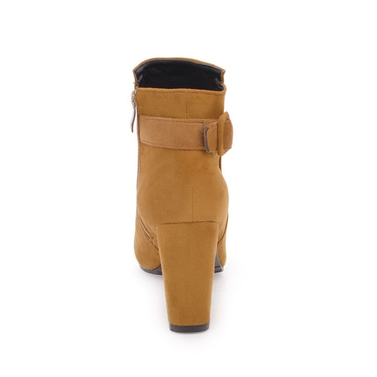 Ladies Suede Round Toe Belts Buckles Chunky Heel Side Zippers Short Boots