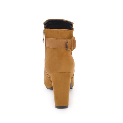 Ladies Suede Round Toe Belts Buckles Chunky Heel Side Zippers Short Boots