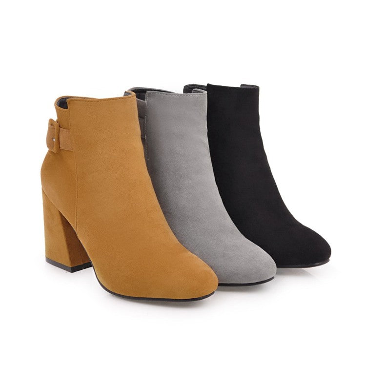 Ladies Suede Round Toe Belts Buckles Chunky Heel Side Zippers Short Boots