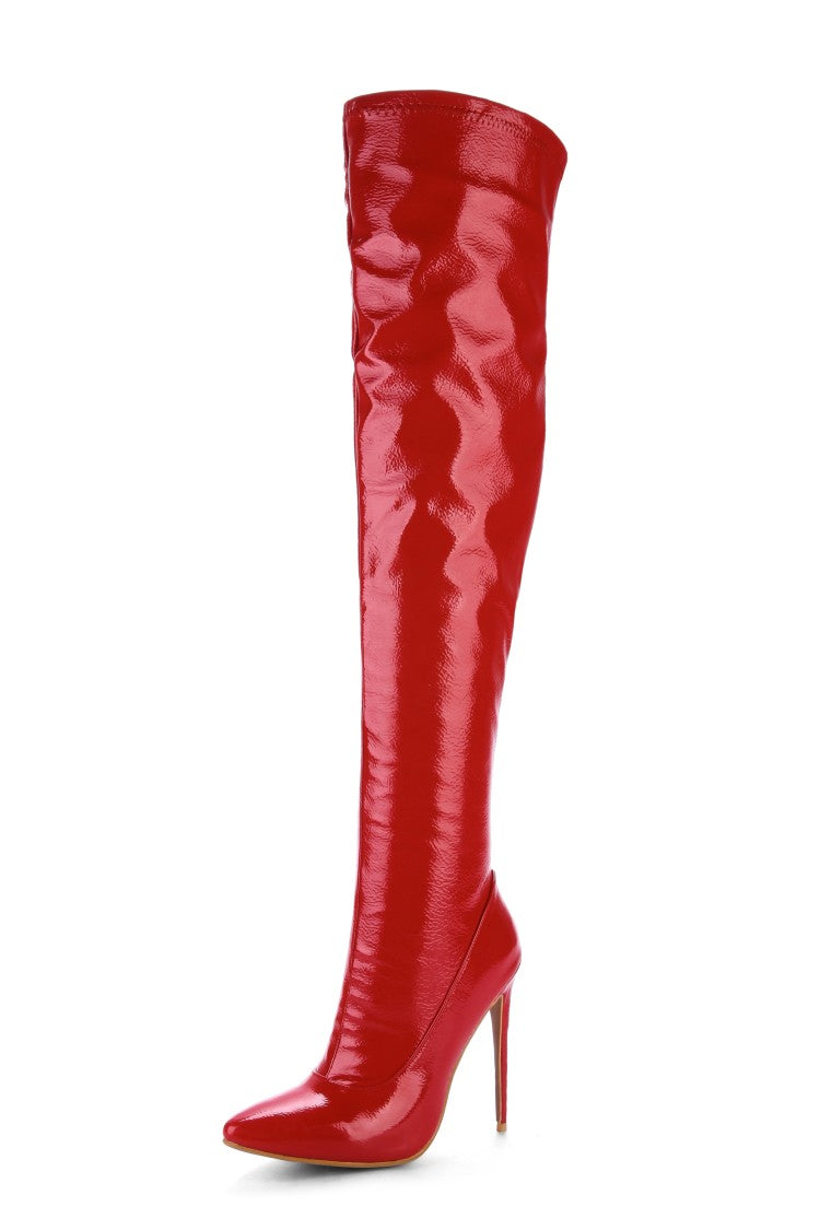 Women Patent Leather Pointed Toe Stitching Side Zippers Stiletto Heel Over the Knee Boots