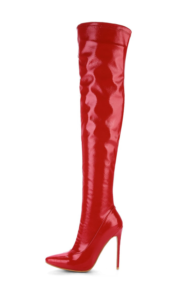 Women Patent Leather Pointed Toe Stitching Side Zippers Stiletto Heel Over the Knee Boots