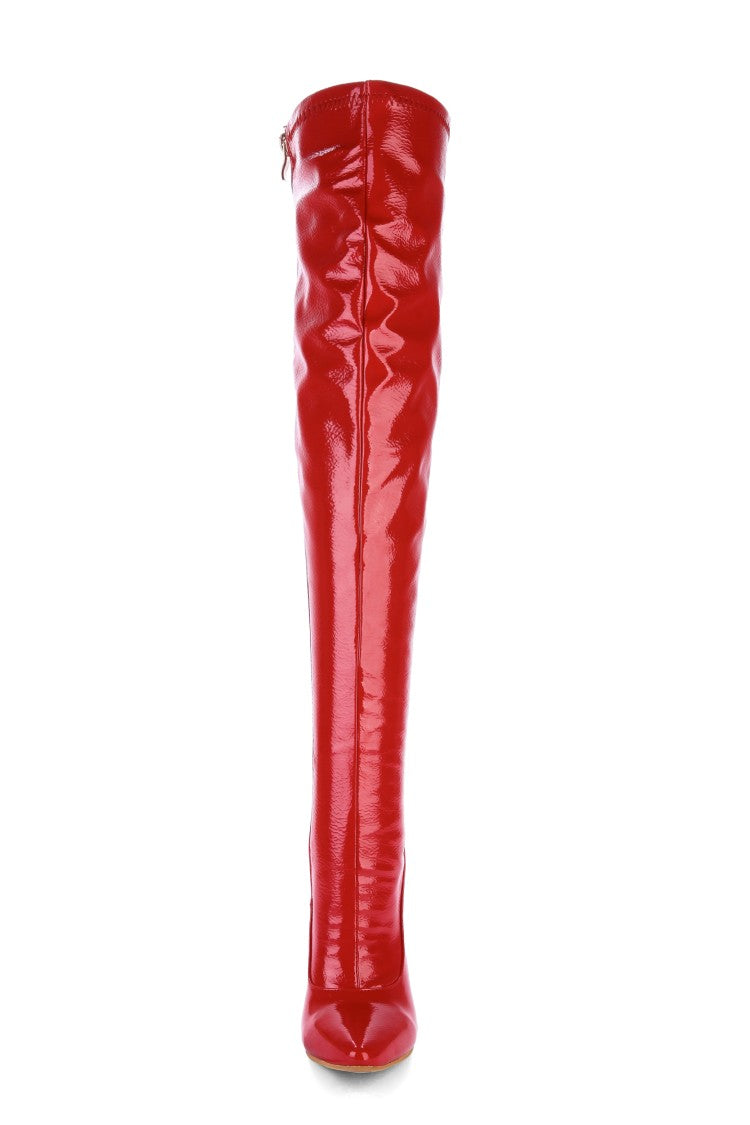 Women Patent Leather Pointed Toe Stitching Side Zippers Stiletto Heel Over the Knee Boots