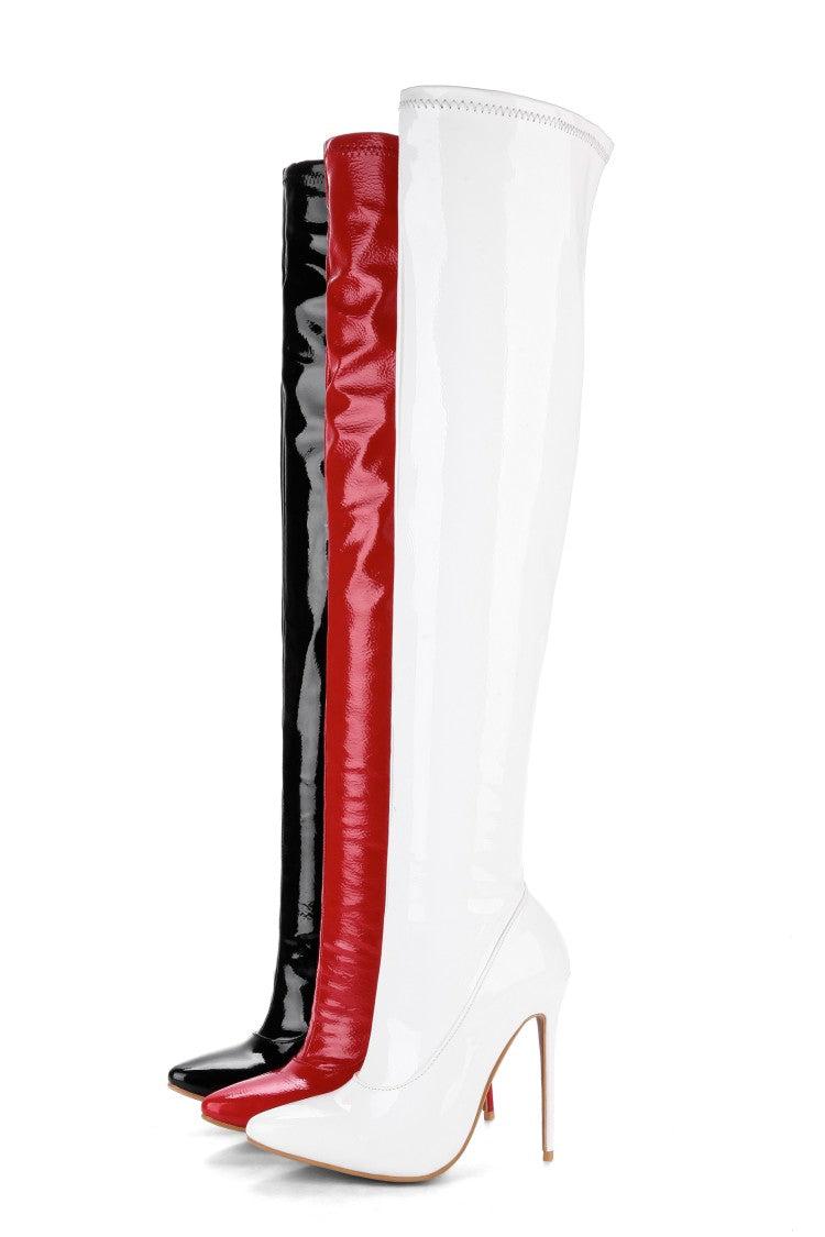 Women Patent Leather Pointed Toe Stitching Side Zippers Stiletto Heel Over the Knee Boots