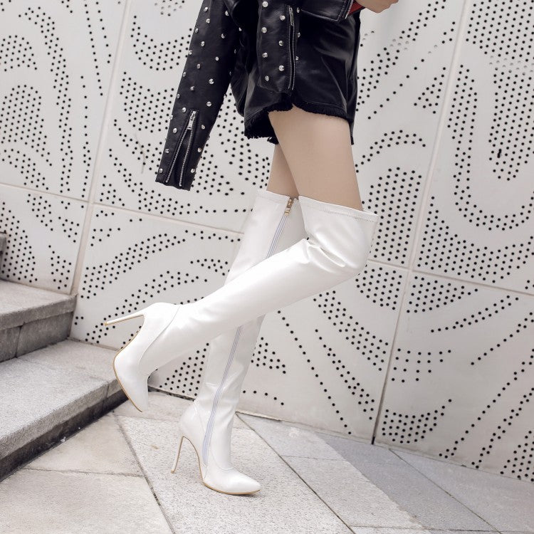 Women Patent Leather Pointed Toe Stitching Side Zippers Stiletto Heel Over the Knee Boots