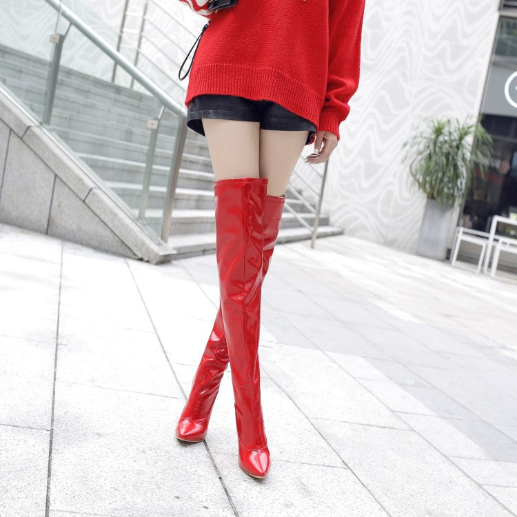 Women Patent Leather Pointed Toe Stitching Side Zippers Stiletto Heel Over the Knee Boots