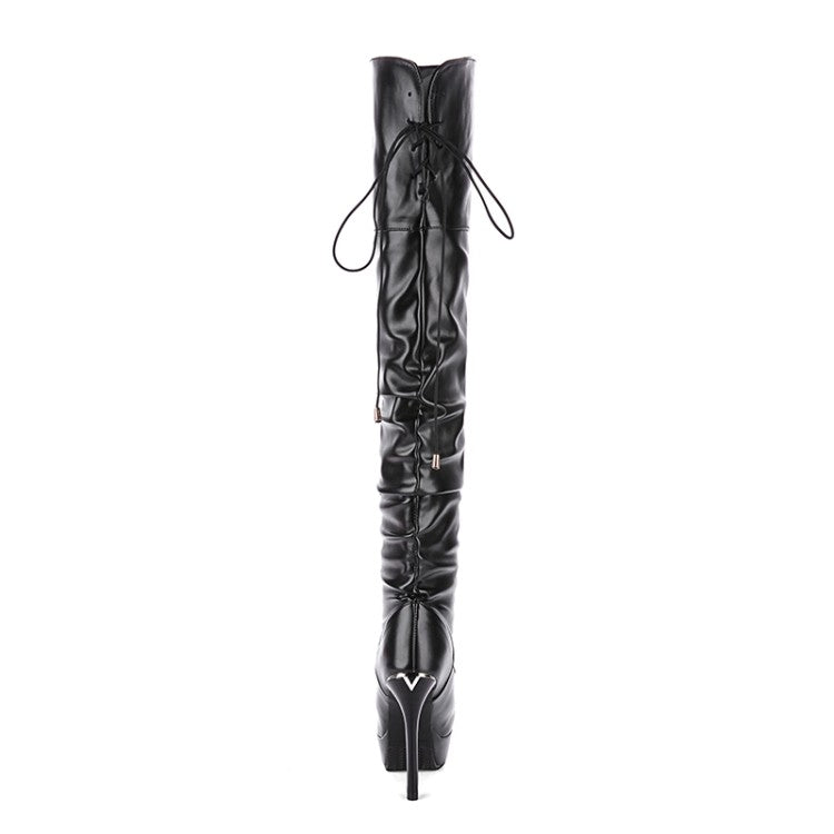 Women Pu Leather Pleated Stiletto Heel Platform Over the Knee Boots