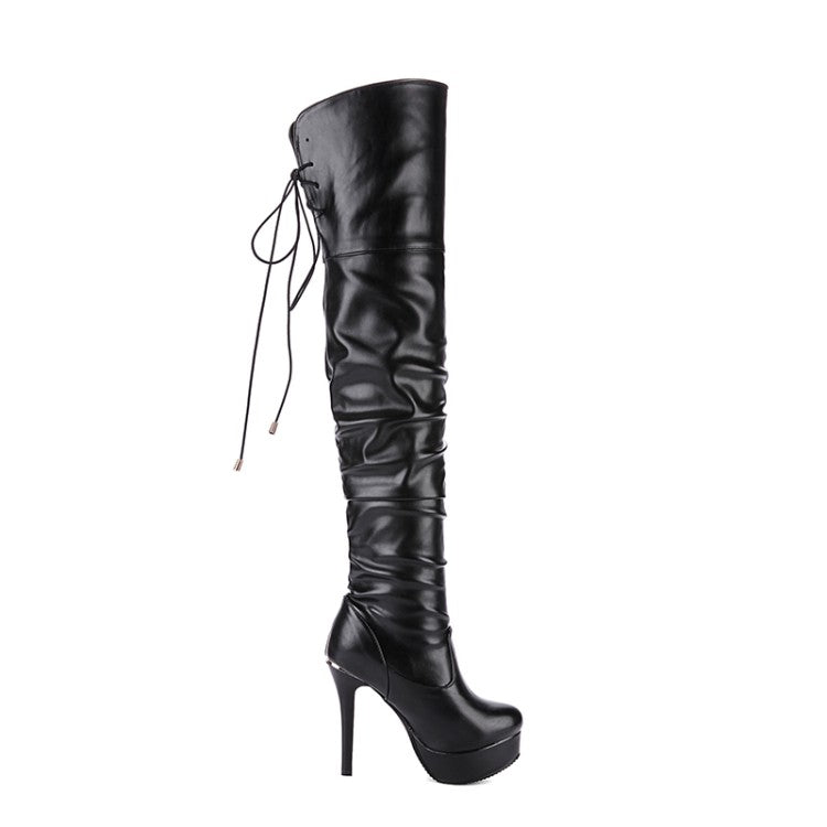 Women Pu Leather Pleated Stiletto Heel Platform Over the Knee Boots