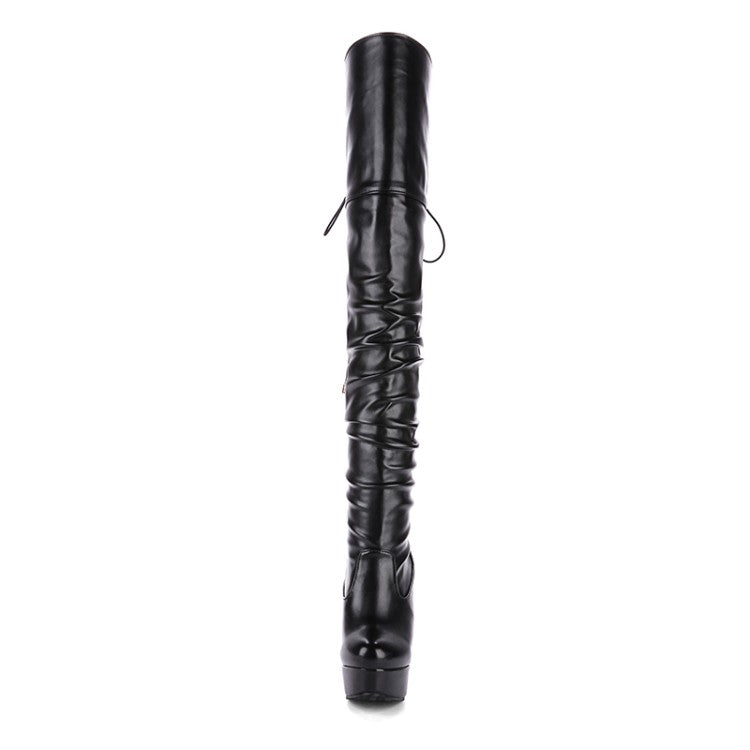 Women Pu Leather Pleated Stiletto Heel Platform Over the Knee Boots