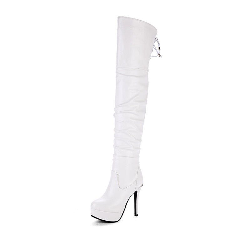Women Pu Leather Pleated Stiletto Heel Platform Over the Knee Boots
