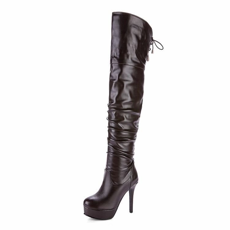 Women Pu Leather Pleated Stiletto Heel Platform Over the Knee Boots