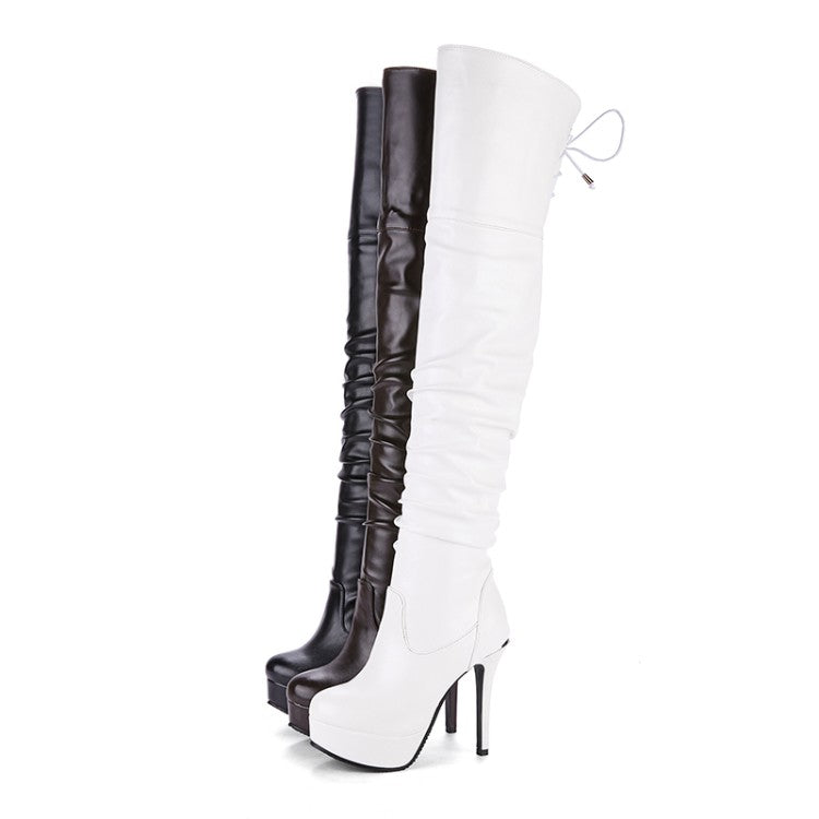Women Pu Leather Pleated Stiletto Heel Platform Over the Knee Boots