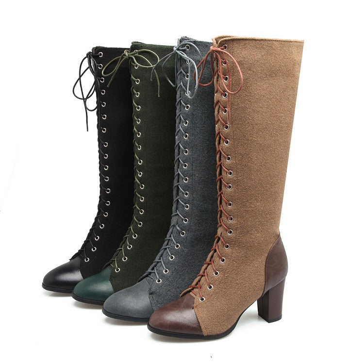 Women Pu Leather Suede Patchwork Lace Up Block Heel Knee High Boots