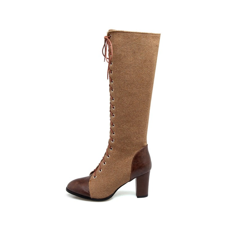Women Pu Leather Suede Patchwork Lace Up Block Heel Knee High Boots