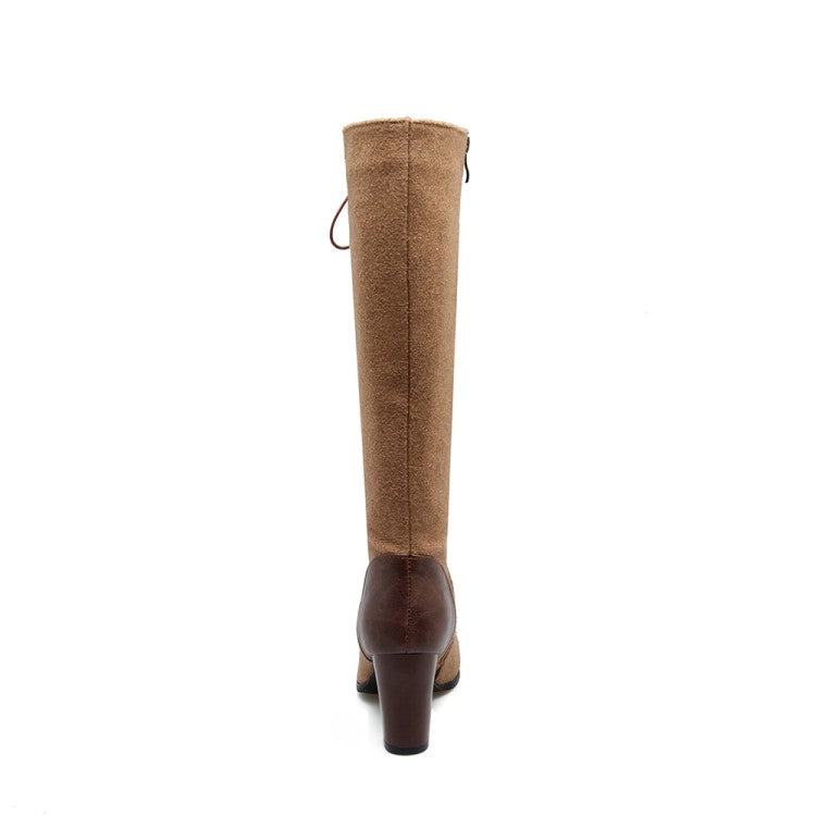Women Pu Leather Suede Patchwork Lace Up Block Heel Knee High Boots