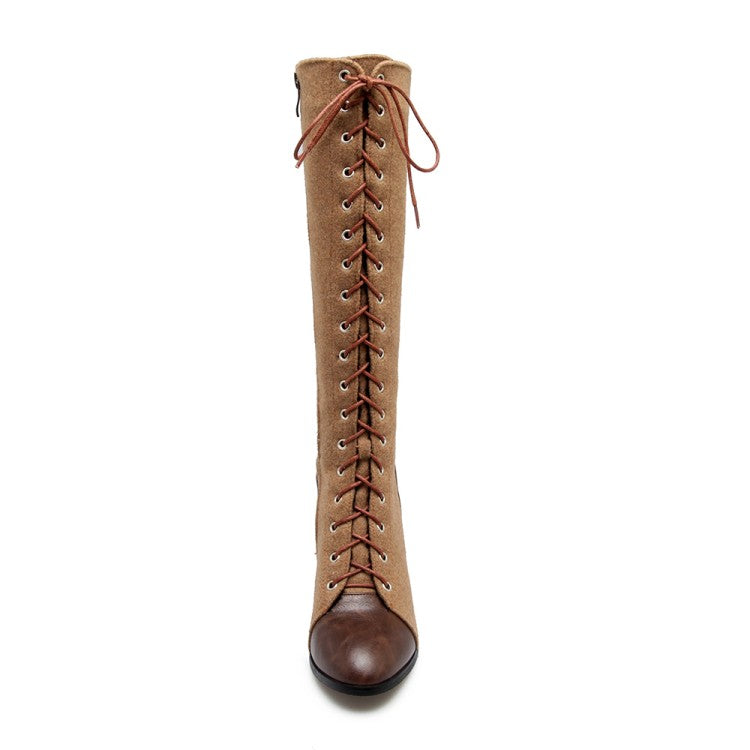 Women Pu Leather Suede Patchwork Lace Up Block Heel Knee High Boots