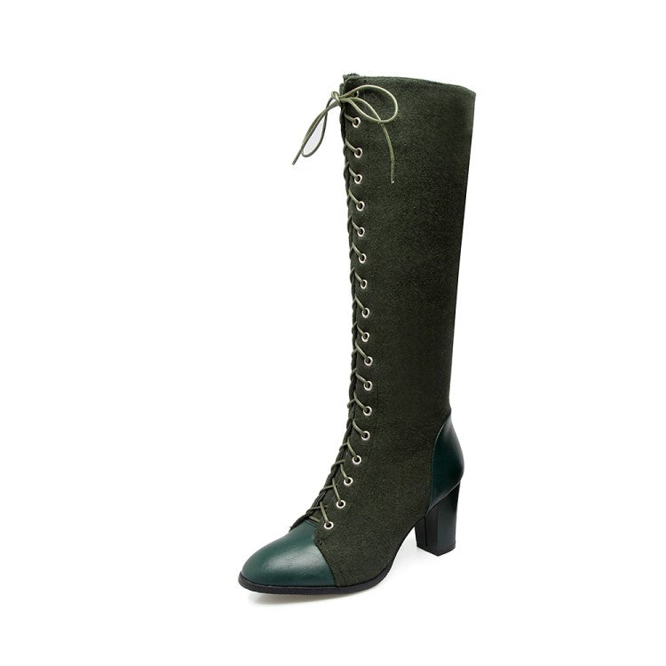 Women Pu Leather Suede Patchwork Lace Up Block Heel Knee High Boots
