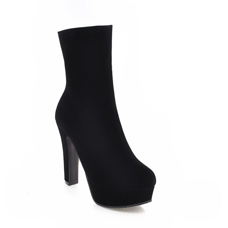 Round Toe Flock Women Platform Ankle Boots High Heels 9742