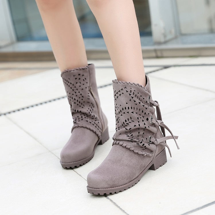 Women Flock Tied Straps Cutout Puppy Heel Platform Short Boots