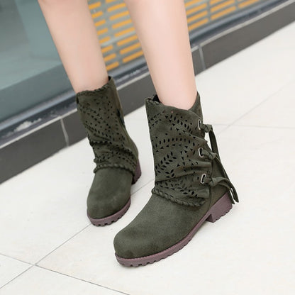 Women Flock Tied Straps Cutout Puppy Heel Platform Short Boots