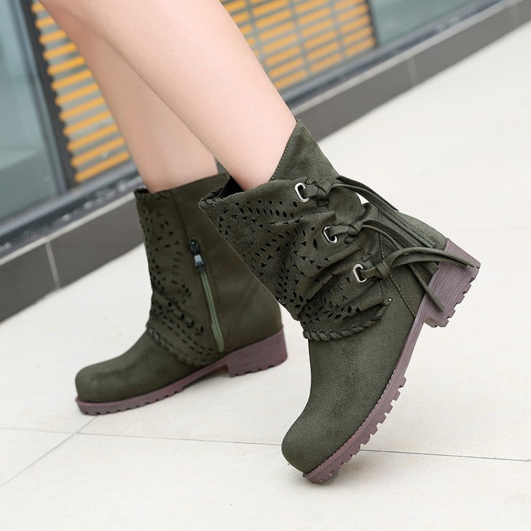 Women Flock Tied Straps Cutout Puppy Heel Platform Short Boots