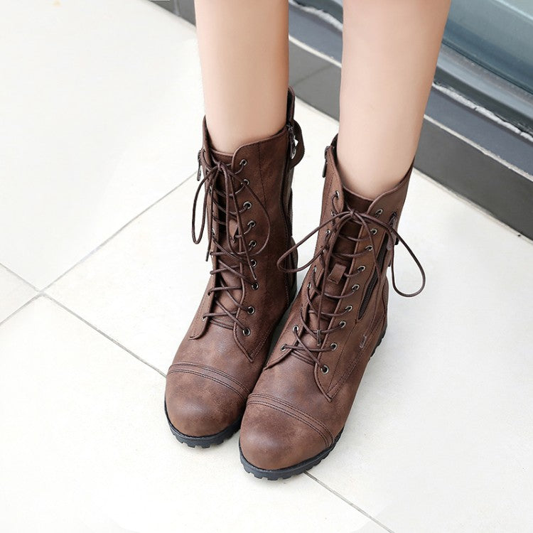 Women Side Zippers Lace Up Block Chunky Heel Riding Short Boots