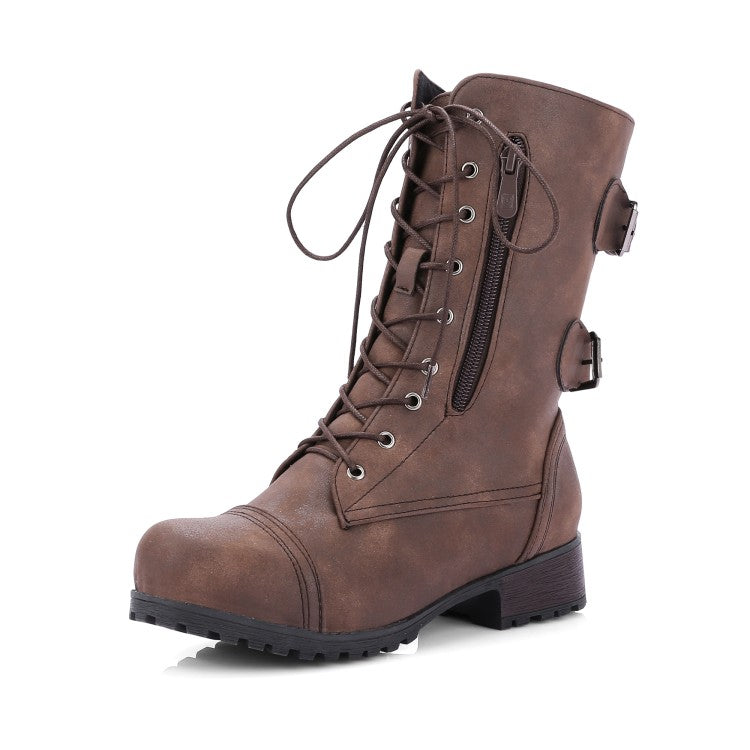 Women Side Zippers Lace Up Block Chunky Heel Riding Short Boots