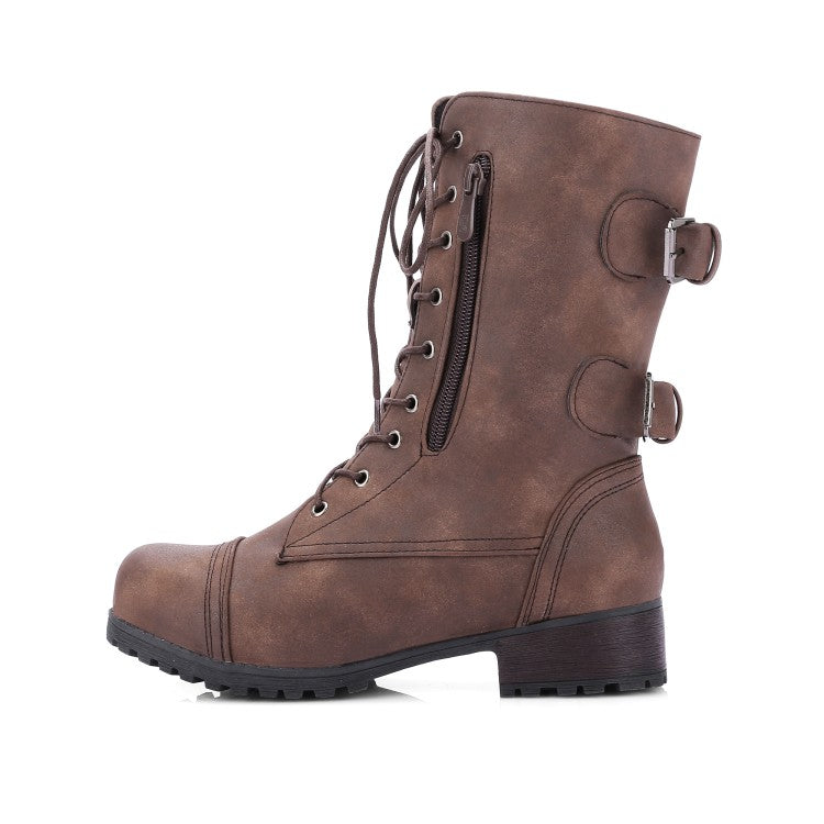 Women Side Zippers Lace Up Block Chunky Heel Riding Short Boots