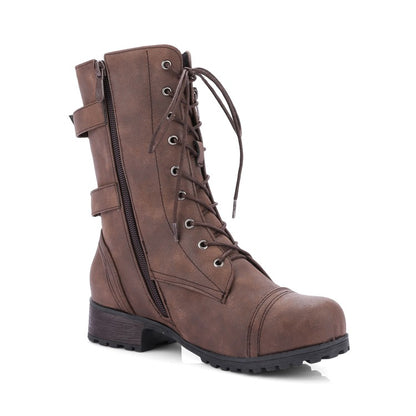 Women Side Zippers Lace Up Block Chunky Heel Riding Short Boots