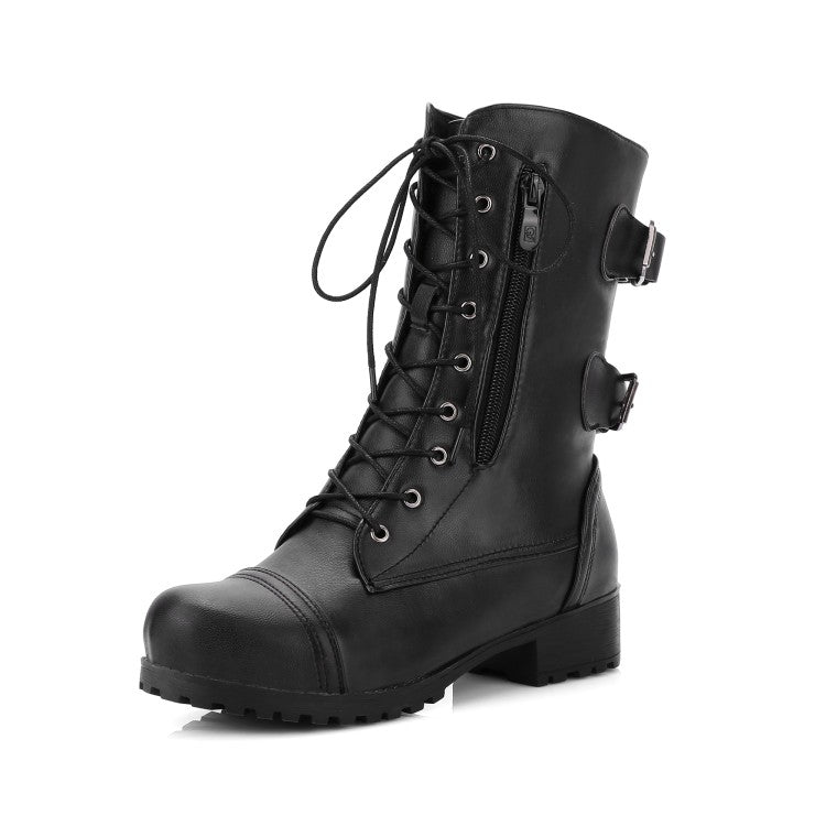 Women Side Zippers Lace Up Block Chunky Heel Riding Short Boots