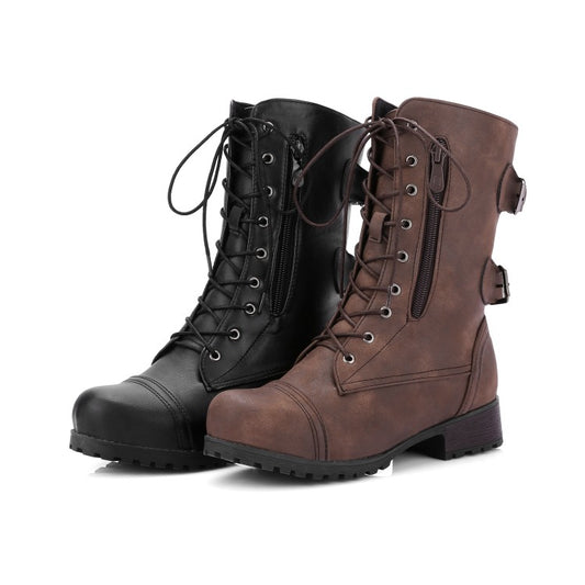 Women Side Zippers Lace Up Block Chunky Heel Riding Short Boots