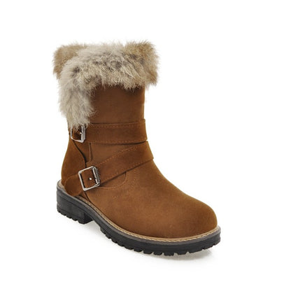 Women Buckle Belt Low Heel Short Snow Boots