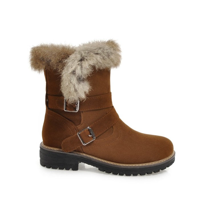 Women Buckle Belt Low Heel Short Snow Boots