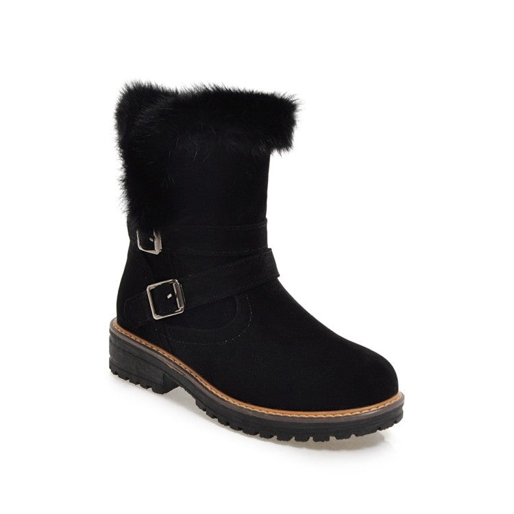 Women Buckle Belt Low Heel Short Snow Boots