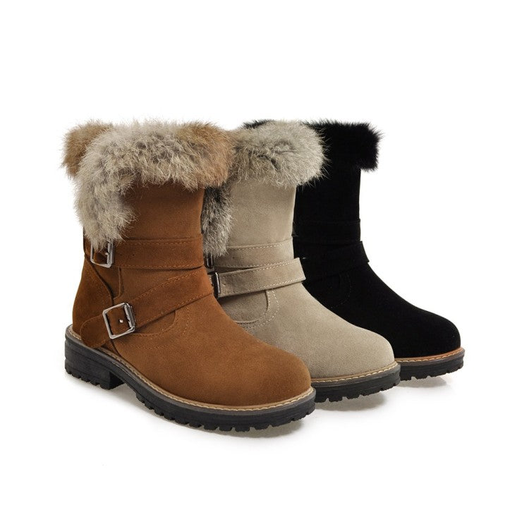 Women Buckle Belt Low Heel Short Snow Boots