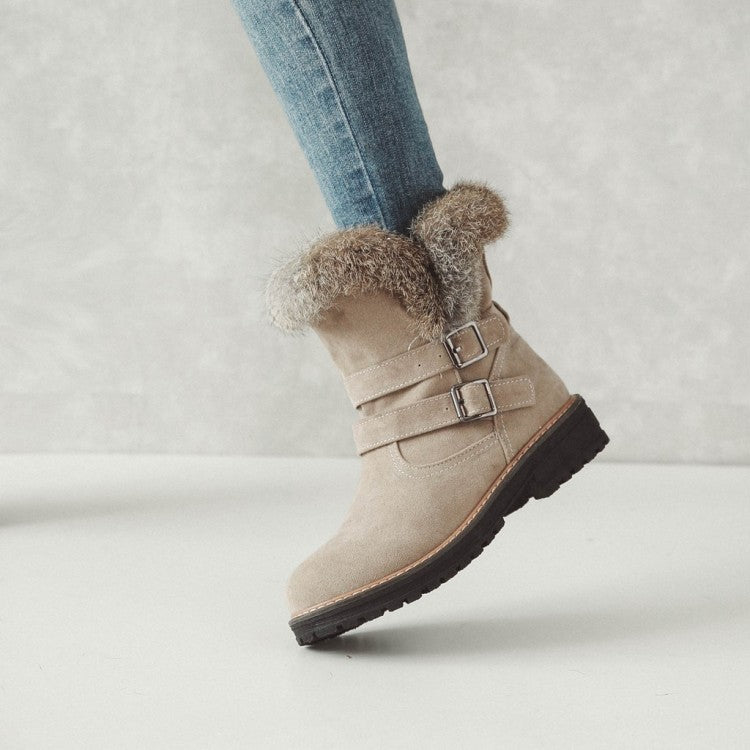 Women Buckle Belt Low Heel Short Snow Boots