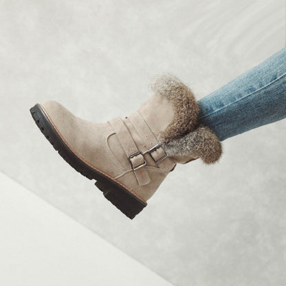 Women Buckle Belt Low Heel Short Snow Boots