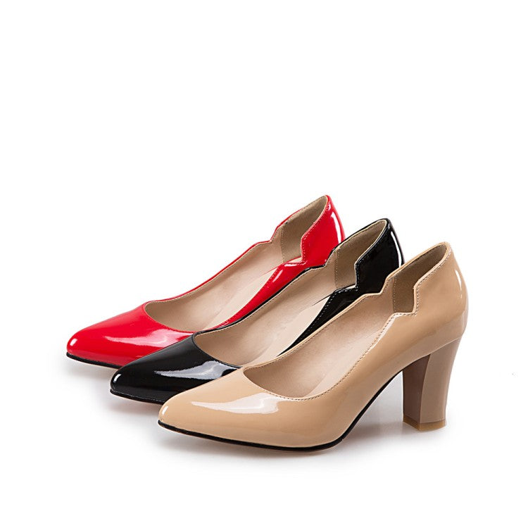 Women Pointed Toe Patent Leather Block Heels Pumps