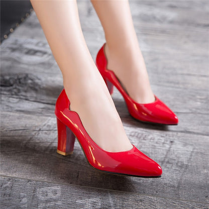 Women Pointed Toe Patent Leather Block Heels Pumps