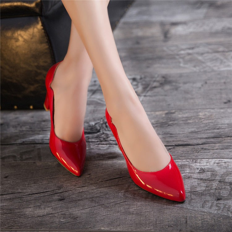 Women Pointed Toe Patent Leather Block Heels Pumps