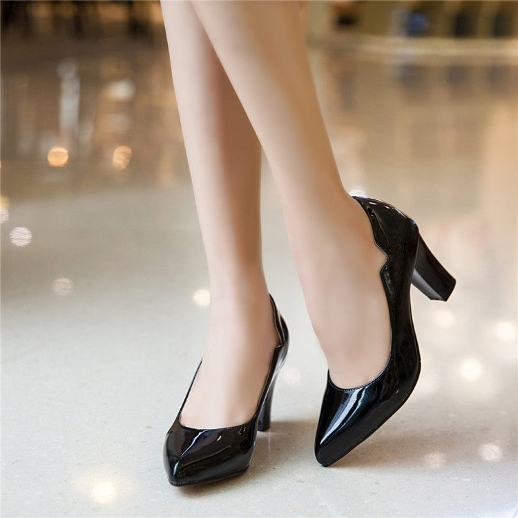 Women Pointed Toe Patent Leather Block Heels Pumps