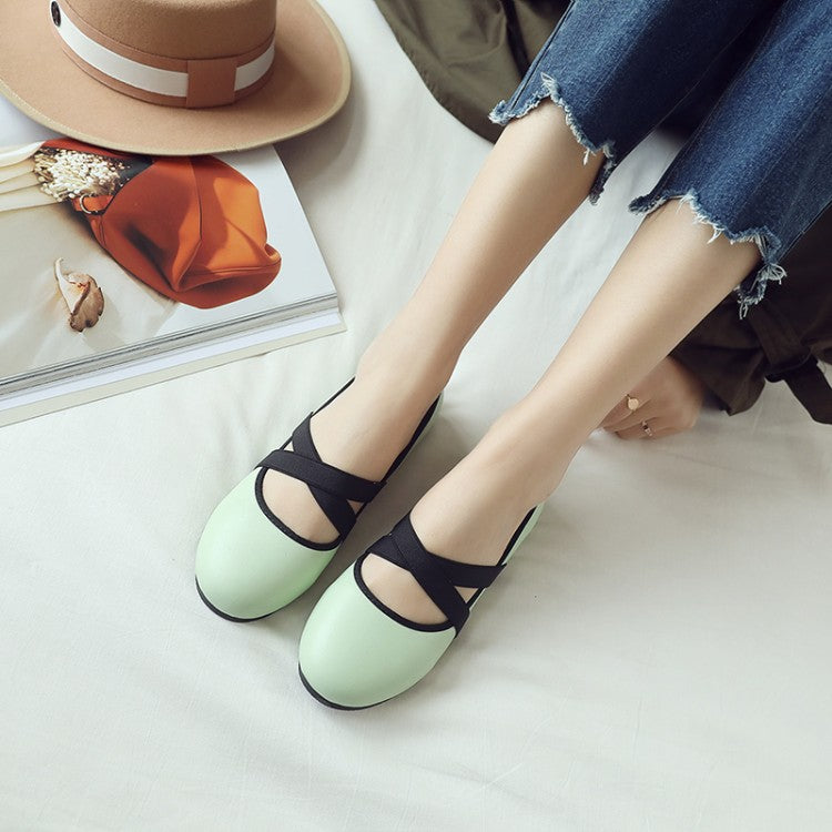 Women Solid Color Round Toe Cross Strap Flat Shoes