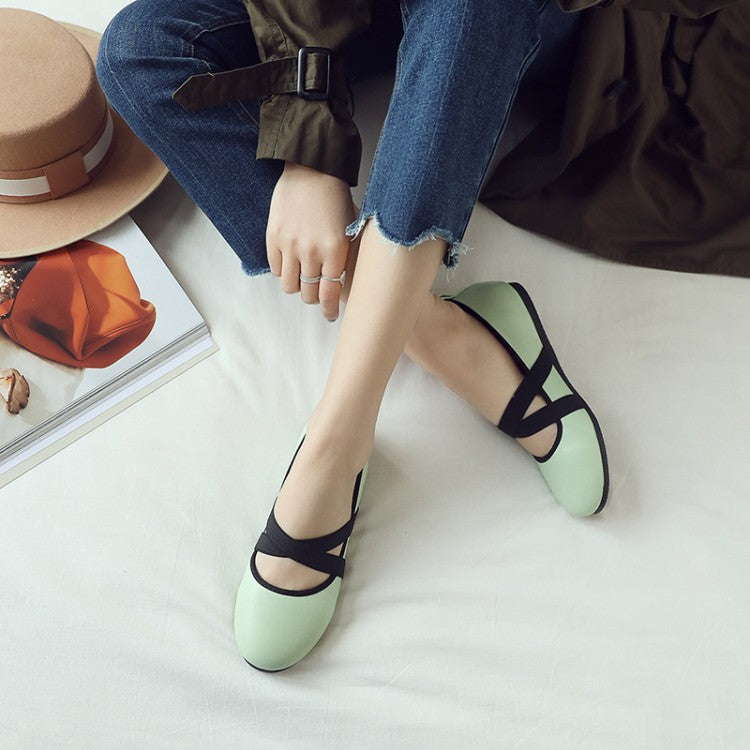 Women Solid Color Round Toe Cross Strap Flat Shoes