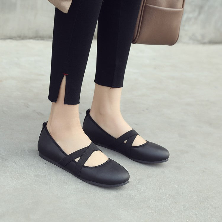 Women Solid Color Round Toe Cross Strap Flat Shoes