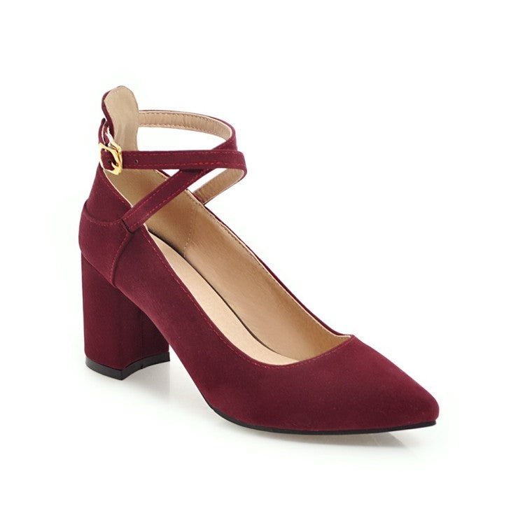 Women Pointed Toe Ankle Strap Block Heels Pumps