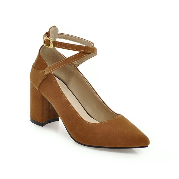 Women Pointed Toe Ankle Strap Block Heels Pumps
